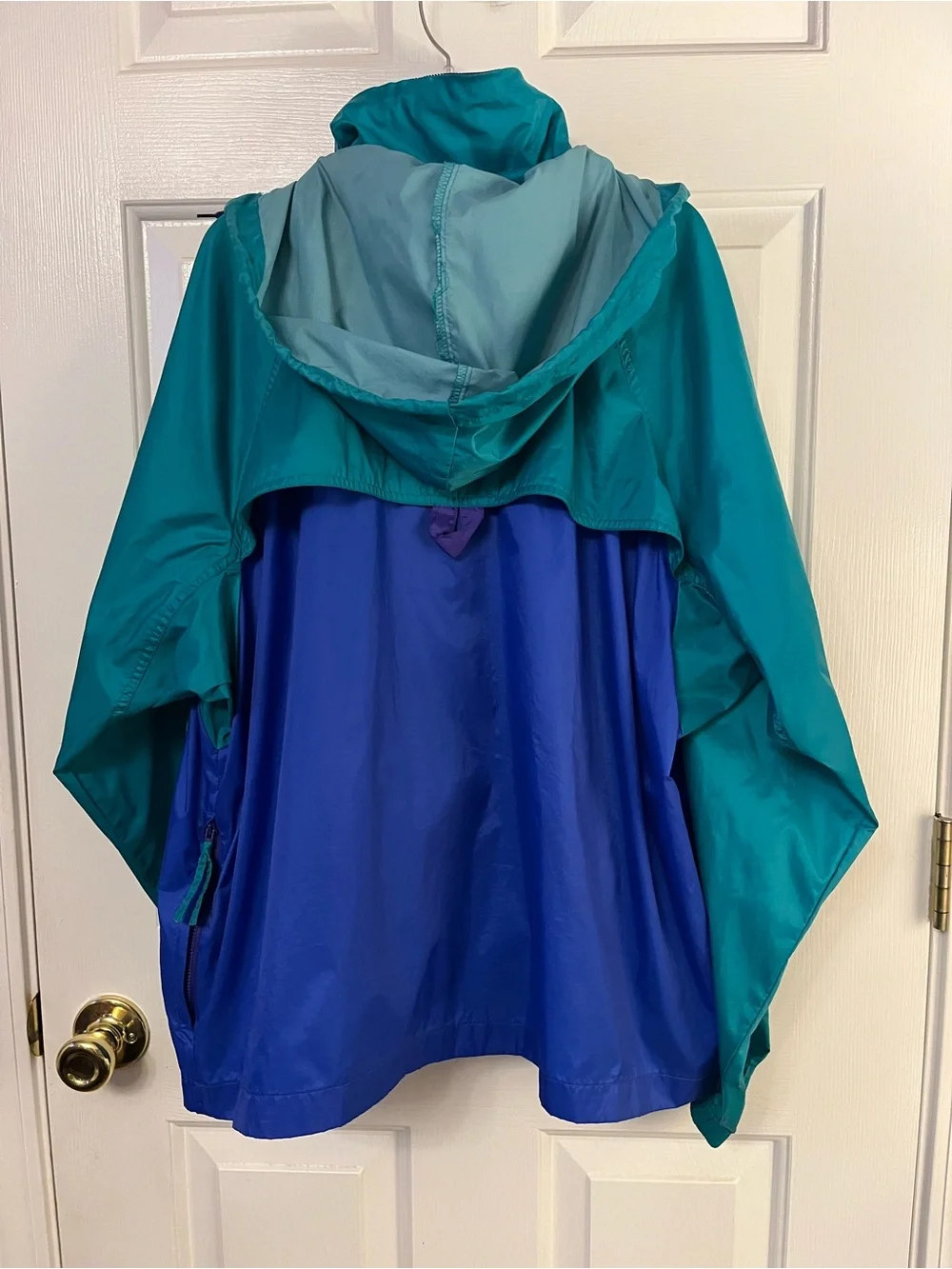 Vtg American Eagle Windbreaker Adult Hidden Hood Colorblock Teal/Purple 90’s Med